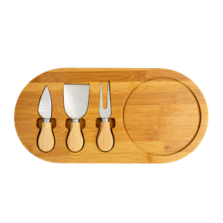 Tabla, Bambú, Natural, 35*18*1.5cm, ovalada para quesos con 3 utensilios