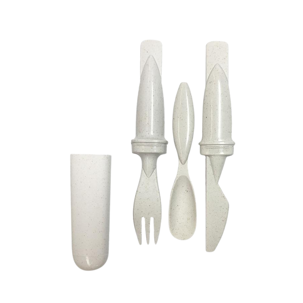 [H541343] set de cubiertos, fibra de trigo, beige, 3 pcs para viaje , con tapa