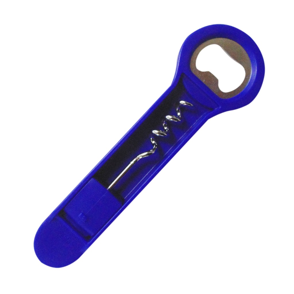[P240620] destapador, plástico, azul, 14.7x4.4x1.3 centimetros, con sacacorchos