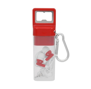 audifonos, plástico, rojo, 12*3.7*2 centimetros, en estuche con destapador y arnés