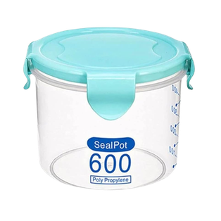 recipiente cilindrico, plástico, azul, 9.5*8.5 cm 600 ml mililitro, con tapadera,