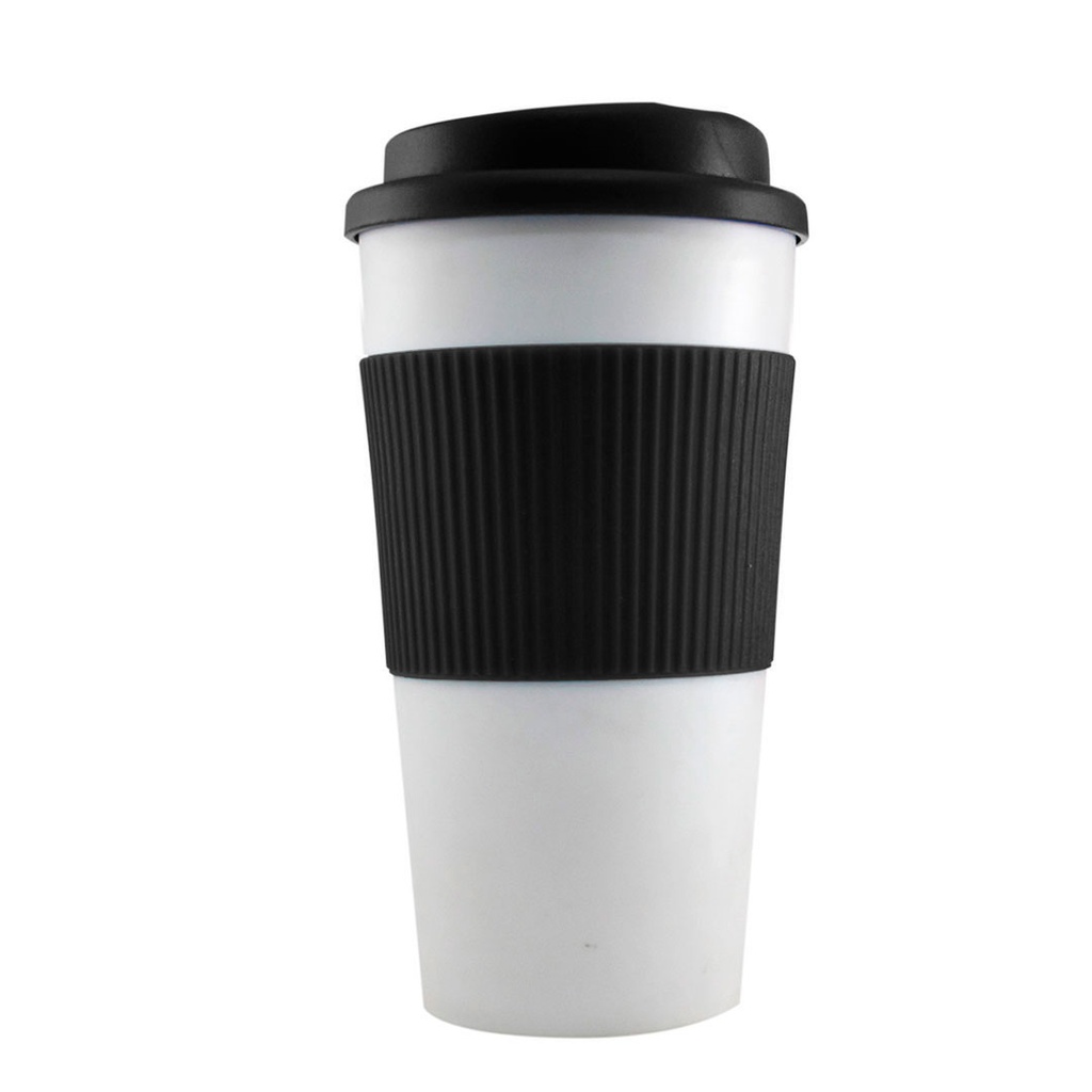 [P250828] vasos, plástico, blanco, 600 mililitro, con agarrador de silicon negro