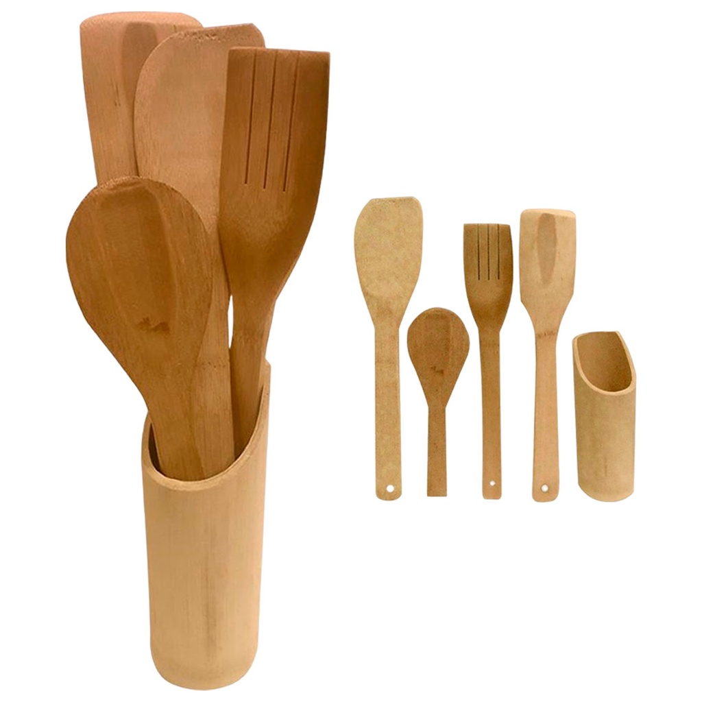 [H530784] set de utensilios, bambú, color natural, 28*4.5 centimetros, con base