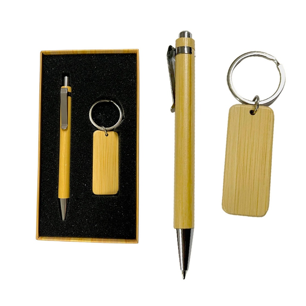 [P294162] set de lapicero, bambú, color natural, y llavero , de caja