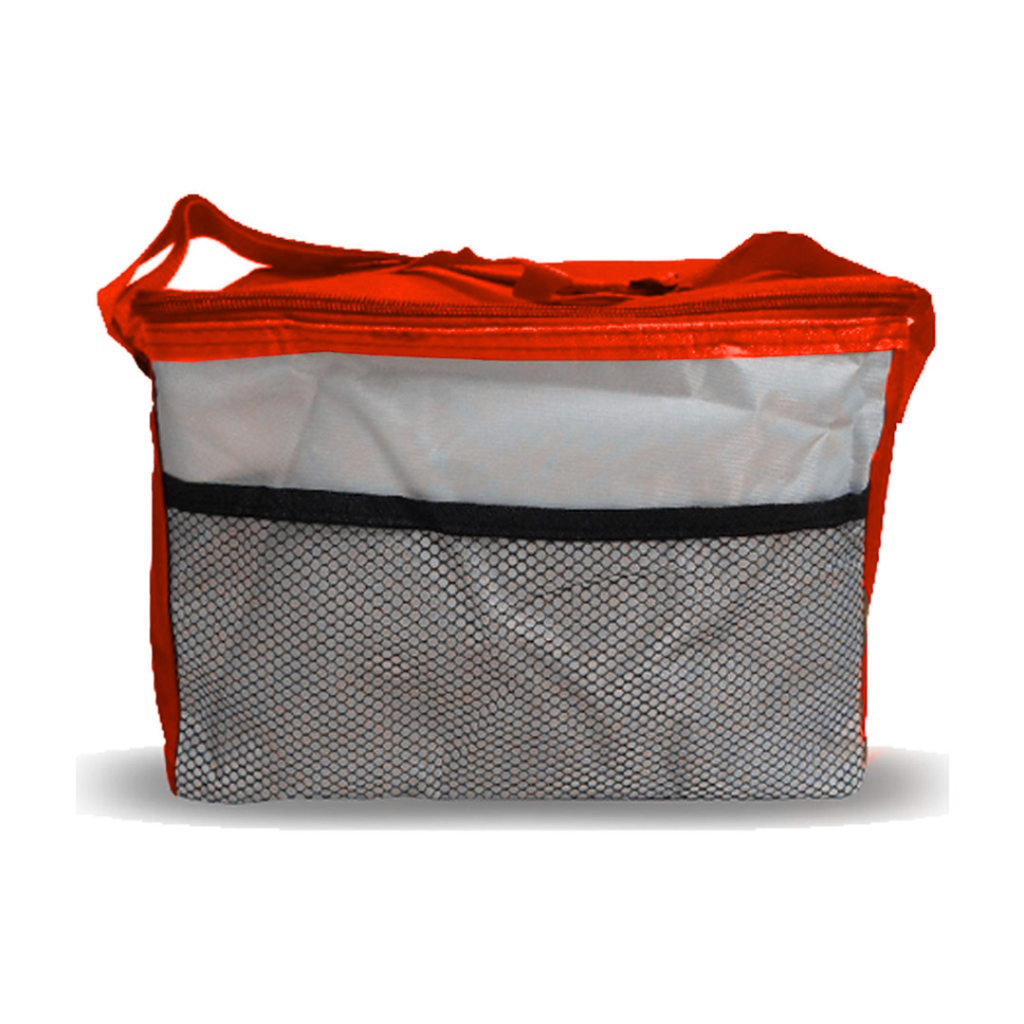 [P250465] lonchera, oxford, rojo, 26*18.5*18 centimetros, con frente plateado