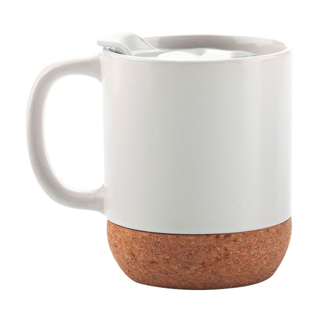 [P250870] tazas, cerámica, blanco, 8.5*9*10 centimetros, con tapa plastica y base de corcho 12 oz