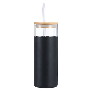 botella, vidrio, negro, 18 onzas, tapa de bambu y manga de silicon