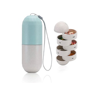 pastillero, fibra natural, celeste (baby blue), 12.5*5*5 centimetros, en forma de capsula