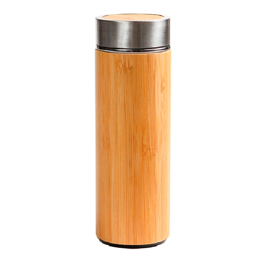 [P294190] termos, acero inoxidable, color natural, 450 ml filter doble , pared 6.9*21 cm con cobertura bambu