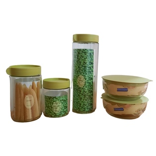 set de frascos, vidrio, transparente,  nd, 3 frascos y 2 bowl
