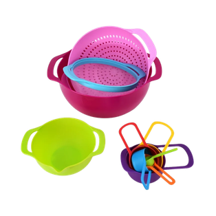 set, plástico, surtido, de tazones , coladores y cucharas medidoras