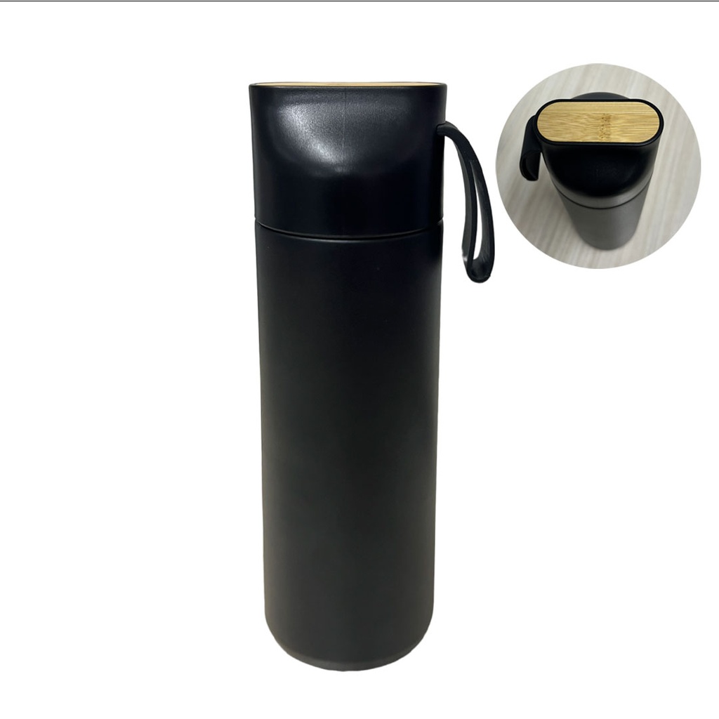 [P251333] Pachon, Acero Inoxidable, Negro, 600 Ml Camly 7*23 , Doble Pared Top De Bambu