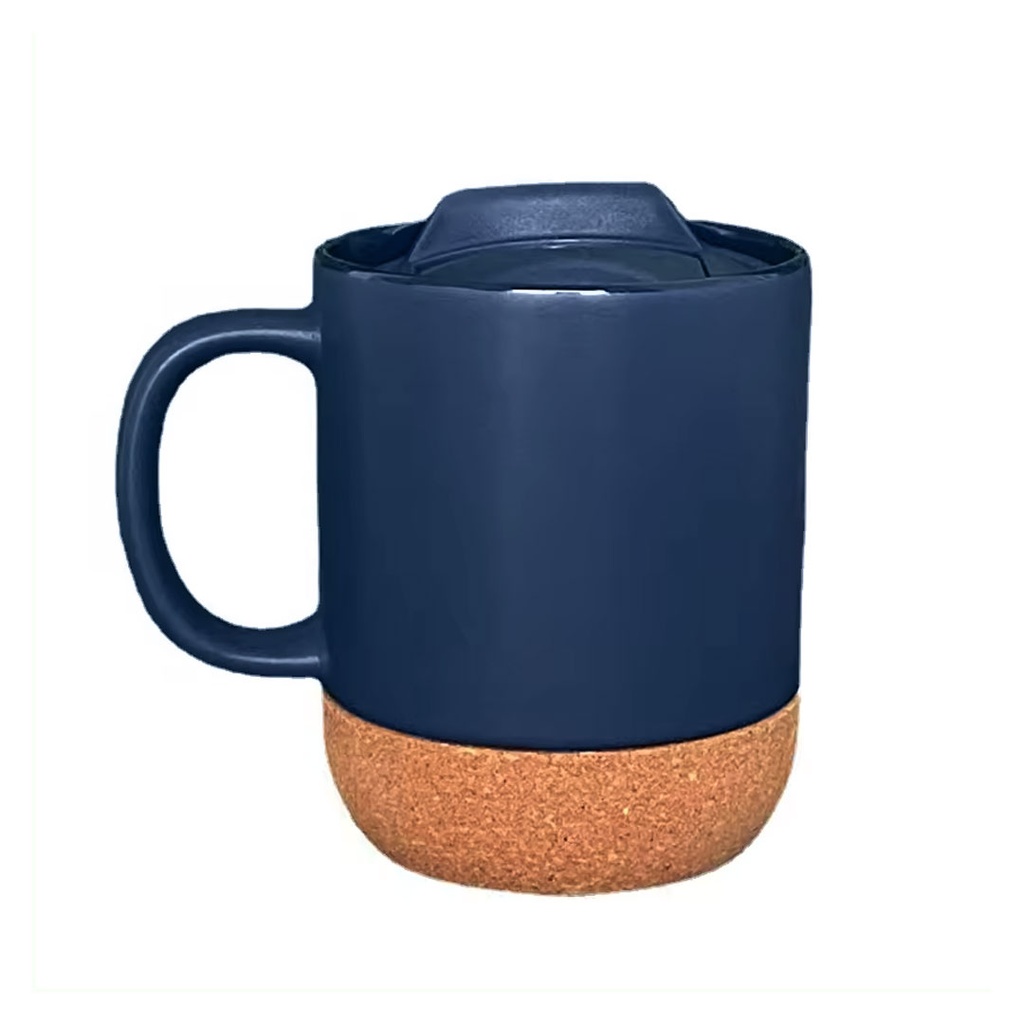 [P251327] Taza, Cerámica, Azul Oscuro Mate, 380 Ml 12 Oz Tapa , Plastica Y Base De Corcho