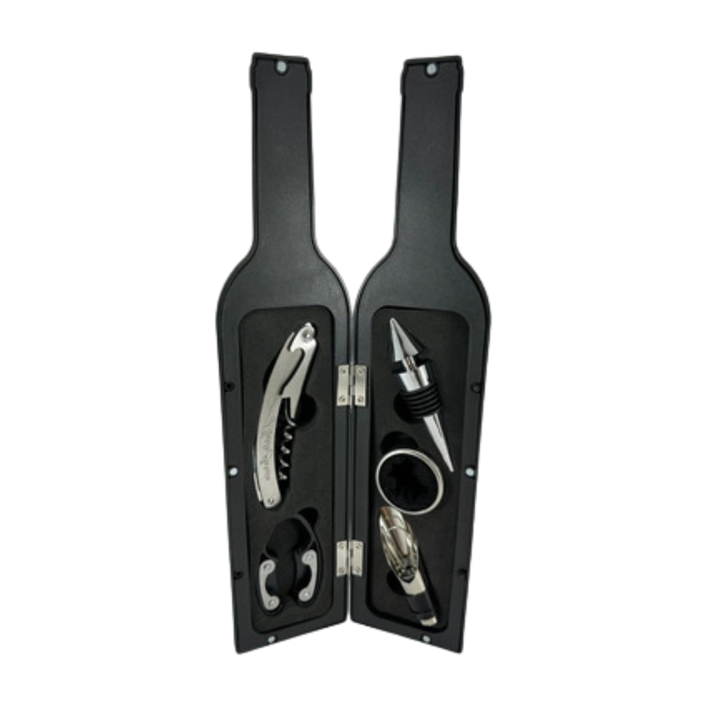 [P298044] Set De Vino Plástico Negro 7*32.5 Forma Botella Tapon Dosificador Sacacorcho Y Cortador