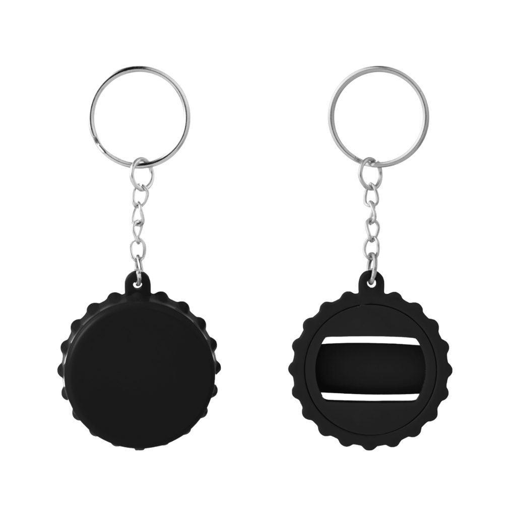[P266106] Llavero Plástico Negro 5 cm Forma Tapita con Destapador