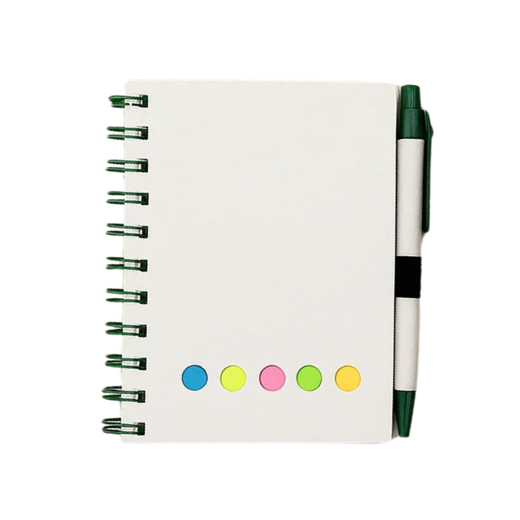 [P286174] Libretas cartón verde 14.5*10.5 cm 70 hojas con lapicero y notas adhesivas