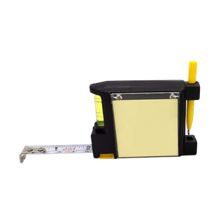 Metro plástico negro con nivel lápiz y block de notas