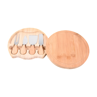 Tabla Bambú Natural 20 cm Redonda Para Quesos Con 4 Utensilios