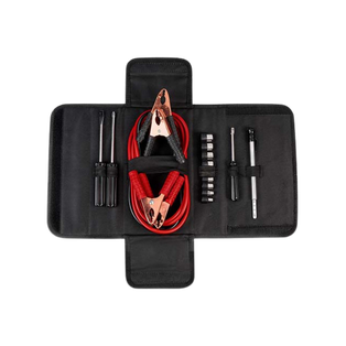 CABLE, ALUMINIO, NEGRO, 2 m, 12V 100A recubierto de cobre para carga de batería con rojo de seguridad y herramientas en estuche.