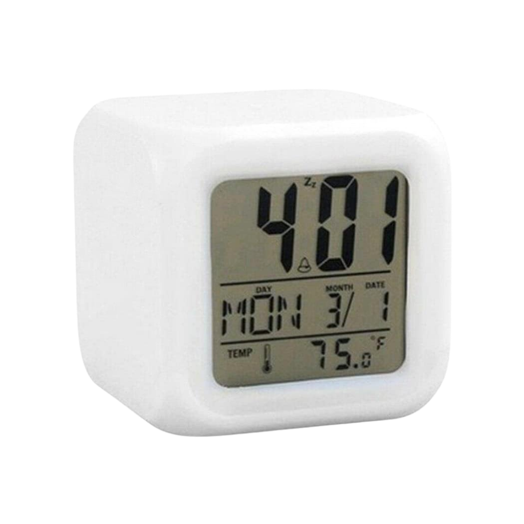 [TG104156] Reloj Plastico Blanco 77*77*78mm  Cubit Lampara Opaca 7 Colores Con Fecha Alarma Y Termometro