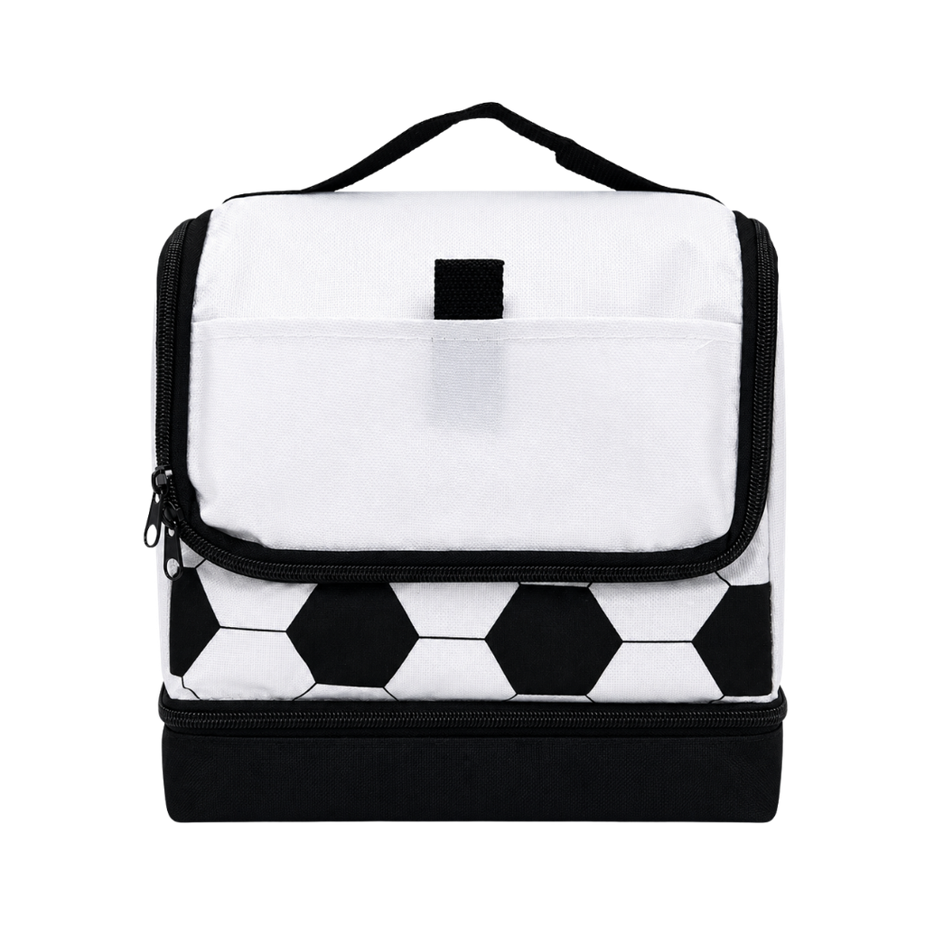 LONCHERA, OXFORD, BLANCO, 25*17*25 cm, SOCCER CON BOLSA BASE NEGRA Y DISEÑO DE PELOTA