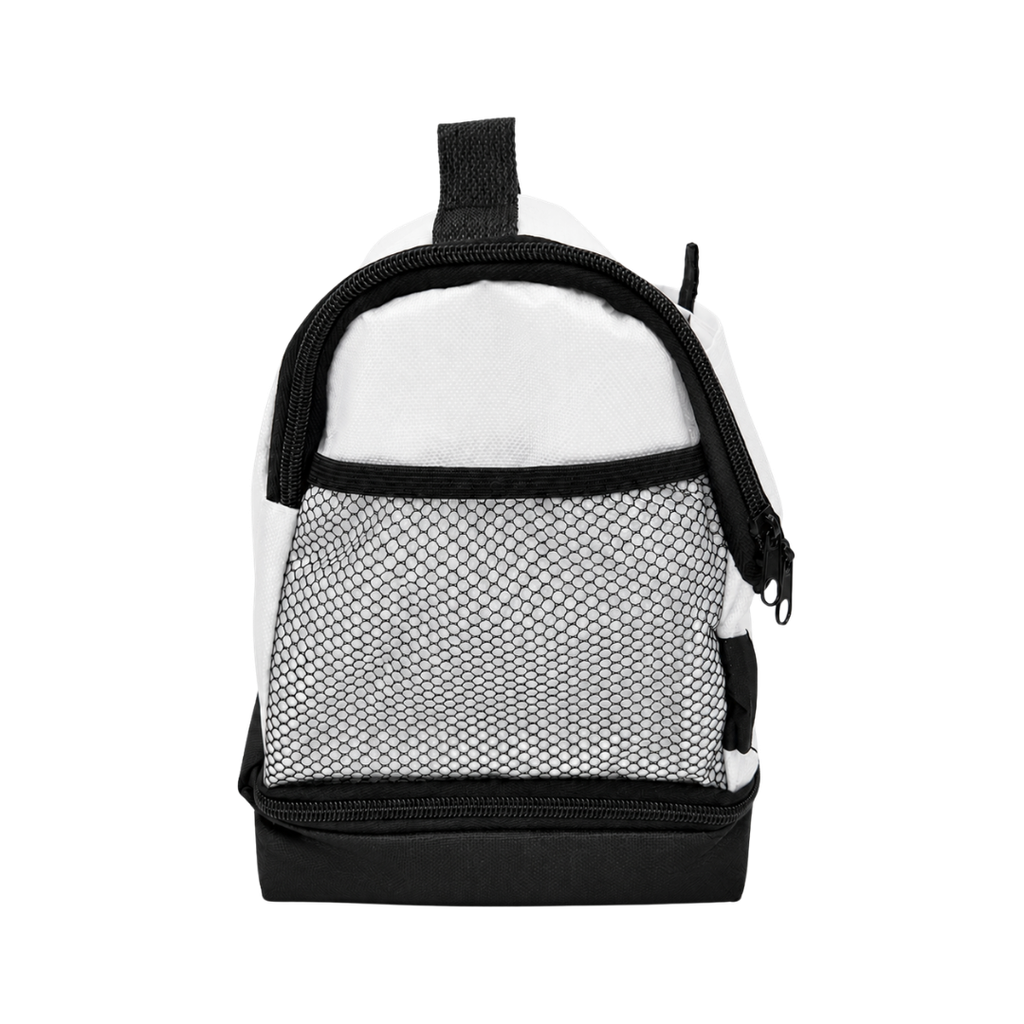 LONCHERA, OXFORD, BLANCO, 25*17*25 cm, SOCCER CON BOLSA BASE NEGRA Y DISEÑO DE PELOTA