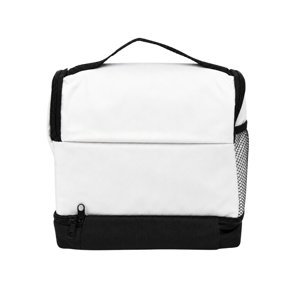LONCHERA, OXFORD, BLANCO, 25*17*25 cm, SOCCER CON BOLSA BASE NEGRA Y DISEÑO DE PELOTA
