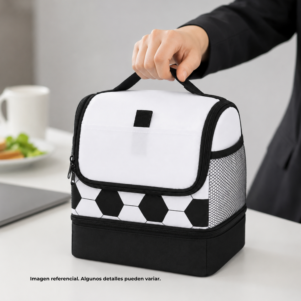 LONCHERA, OXFORD, BLANCO, 25*17*25 cm, SOCCER CON BOLSA BASE NEGRA Y DISEÑO DE PELOTA