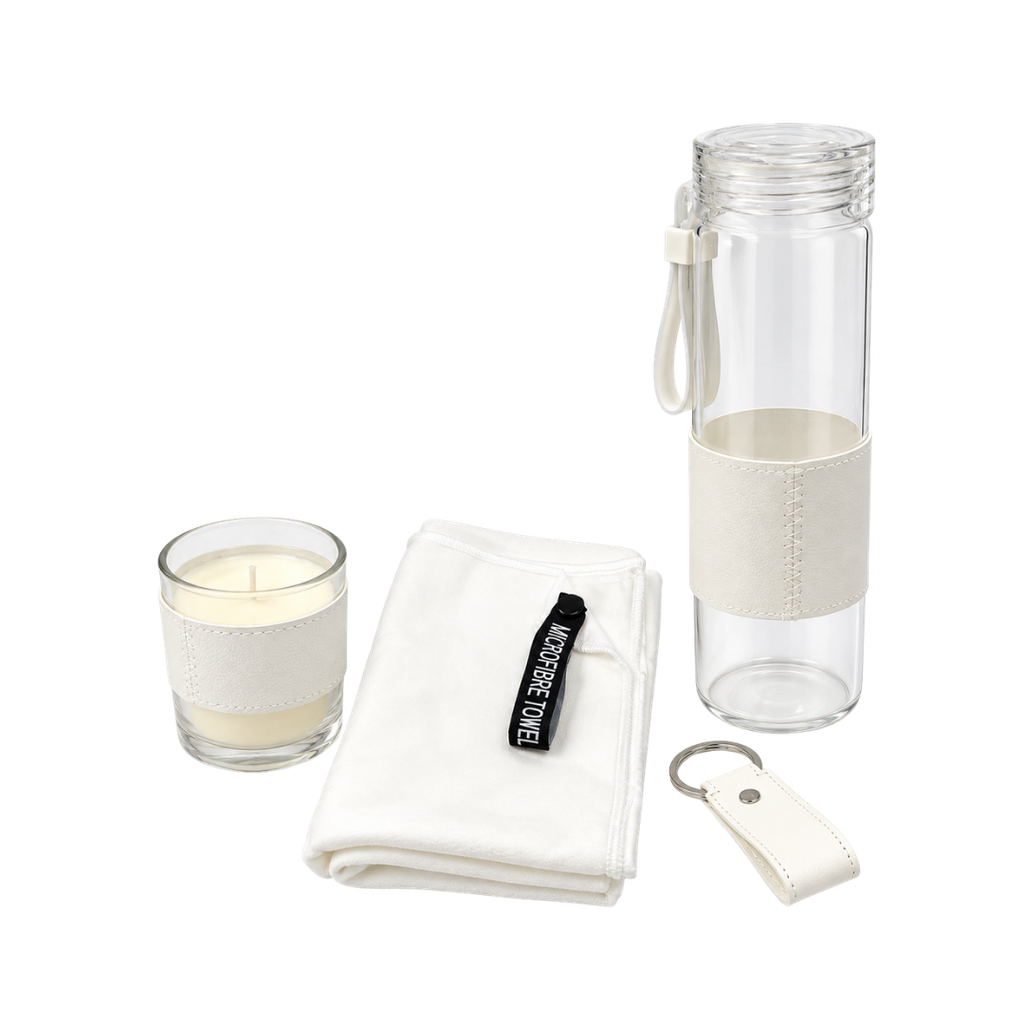 Set ejecutivo, vidrio, blanco, Yogui 4 pcs: botella, toalla, llavero y vela