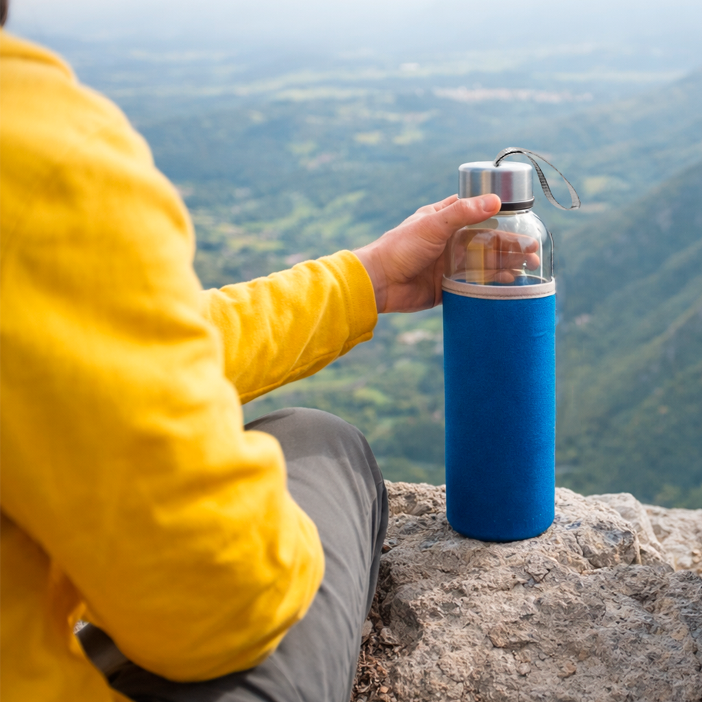 pachones, vidrio, azul reflex, 500 mililitro, con funda de neopreno