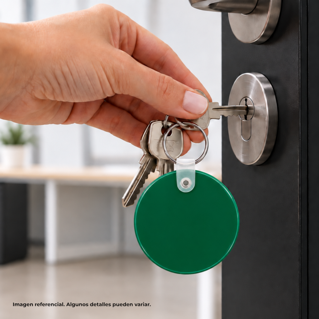 llavero redondo, pvc, verde, 5*0.3 centimetros, de grosor