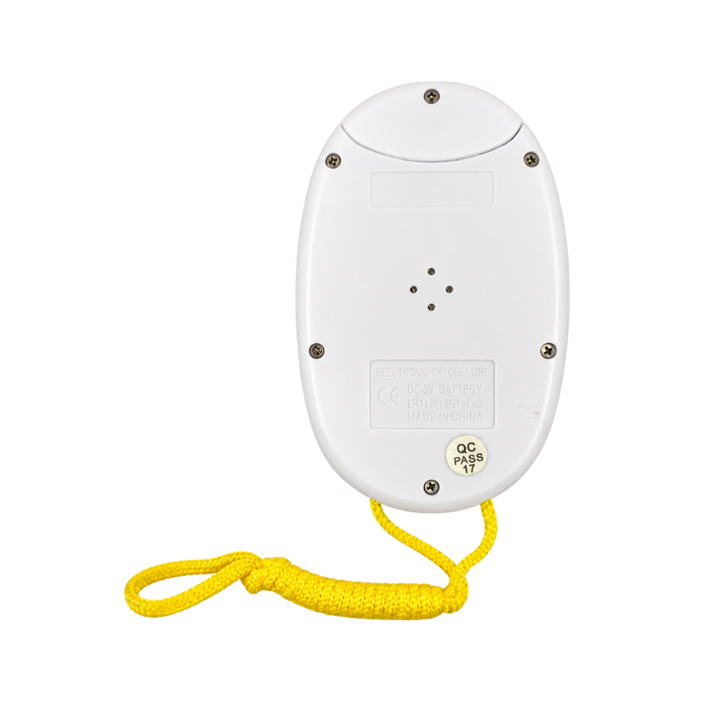 calculadora digital con pita, plastico, amarillo