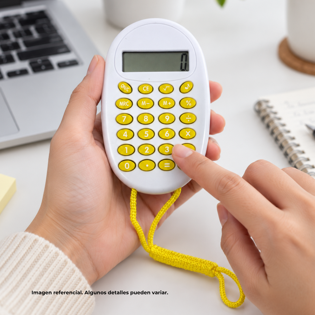 calculadora digital con pita, plastico, amarillo