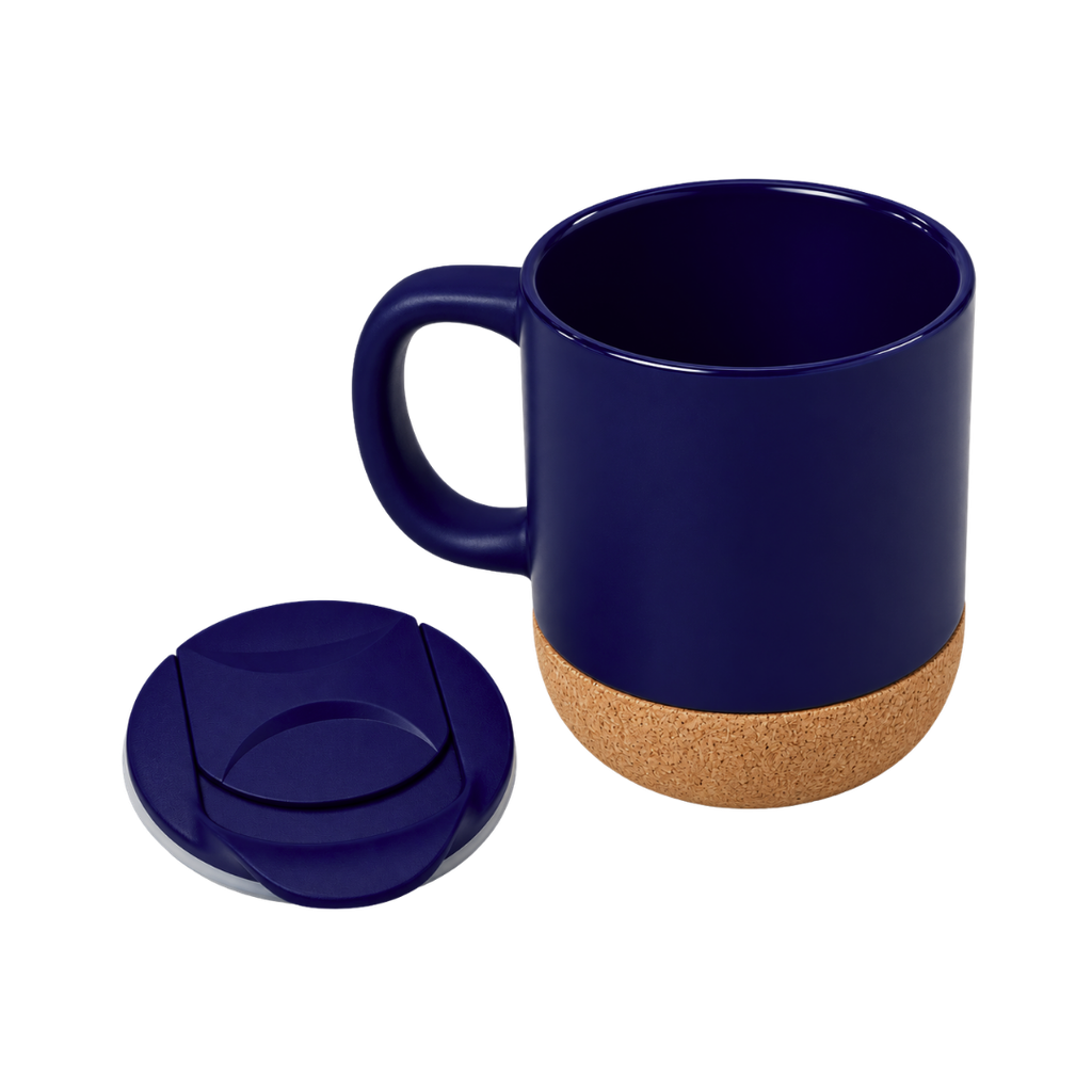 Taza, Cerámica, Azul Oscuro Mate, 380 Ml 12 Oz Tapa , Plastica Y Base De Corcho