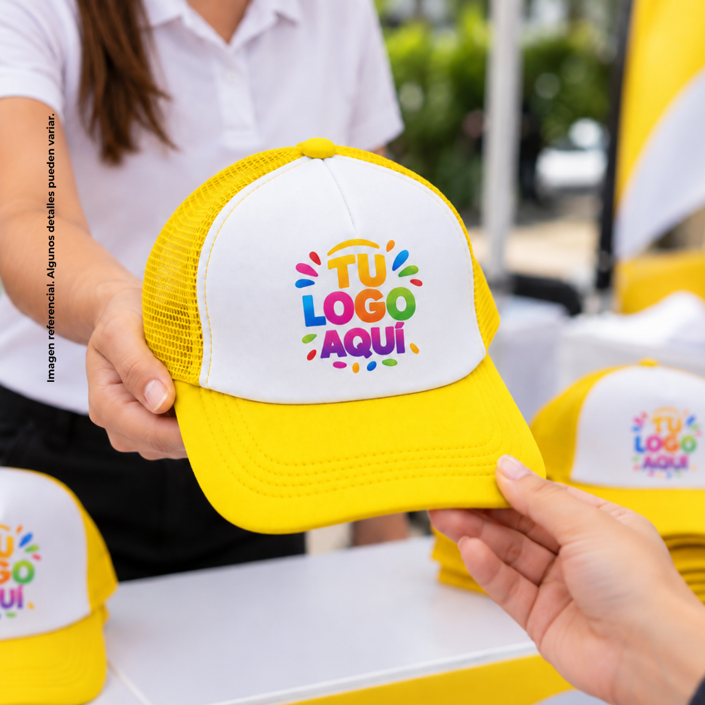 gorras para sublimar, cuerpo de malla, amarillo, cierre plastico ,