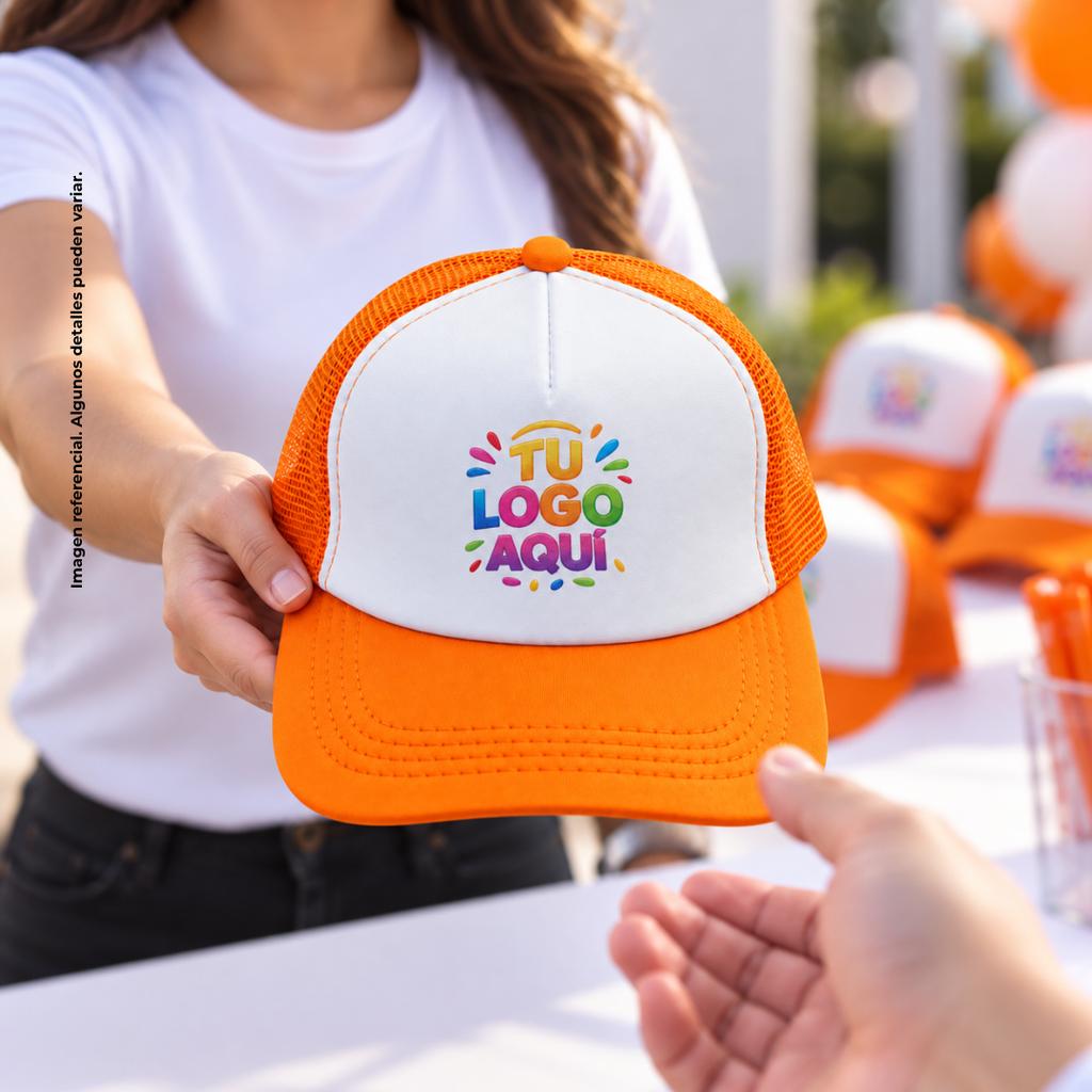 gorras para sublimar, cuerpo de malla, anaranjado, cierre plastico ,