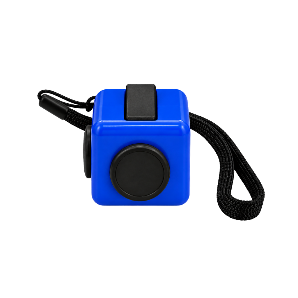 cubo antiestres, plástico, azul reflex, 4*4*4 centimetros, con agarrador