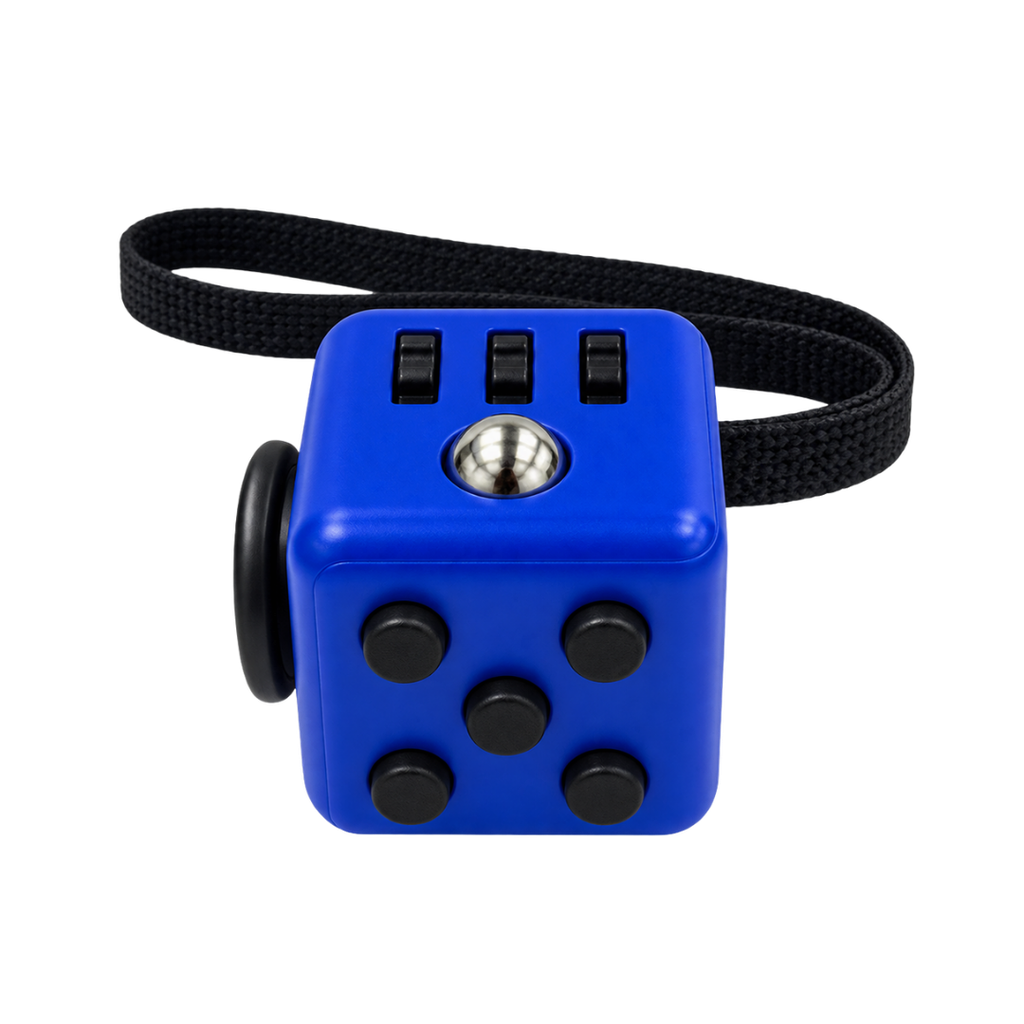 cubo antiestres, plástico, azul reflex, 4*4*4 centimetros, con agarrador