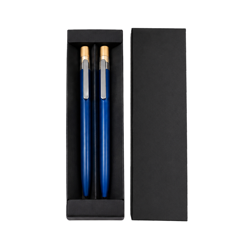 Lapicero, aluminio, azul oscuro, Inked Set de 2 pcs botón de bambú en caja
