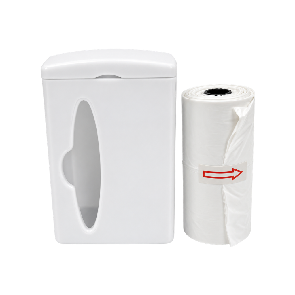 Dispensador de bolsas con clip para ajuste, plastico, 5 x 7.6 x 3.2 cm . Incluye 15 bolsas, Blanco