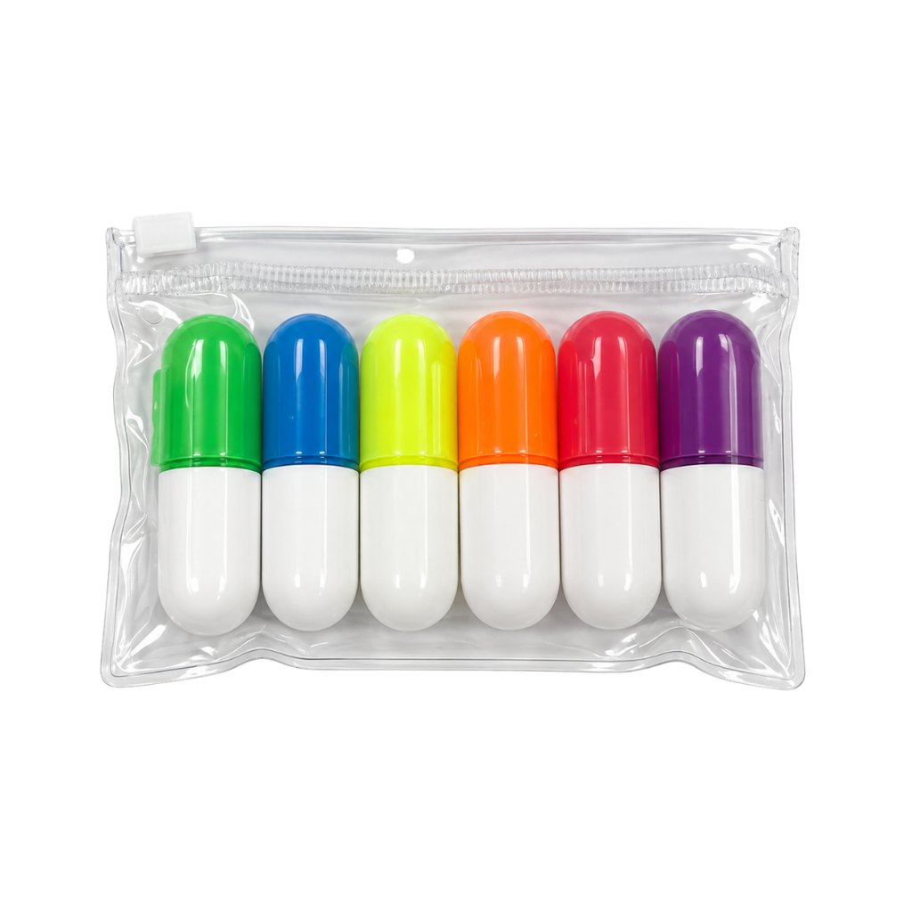 Resaltador plástico colores 11*7.5*1.7 cm bolsa transparente ziploc con 6 pcs forma de píldora