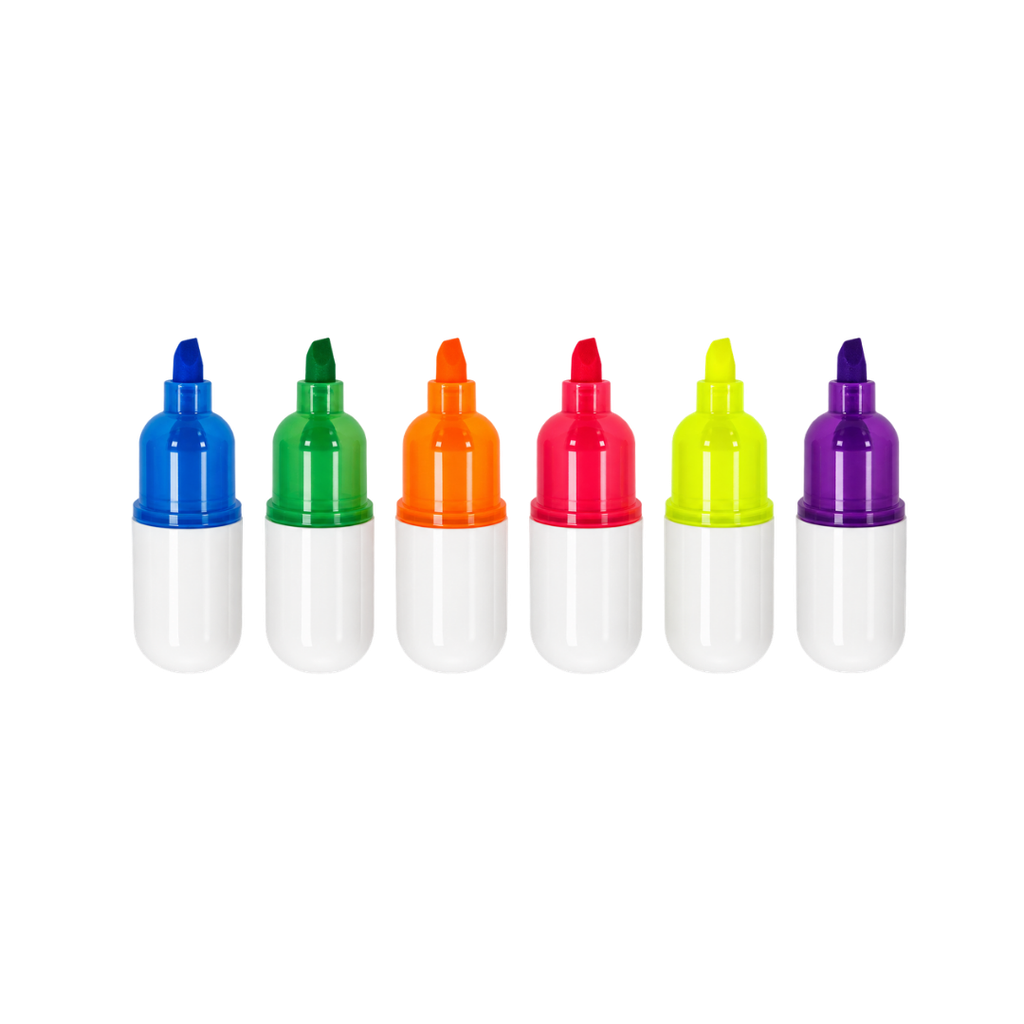 Resaltador plástico colores 11*7.5*1.7 cm bolsa transparente ziploc con 6 pcs forma de píldora