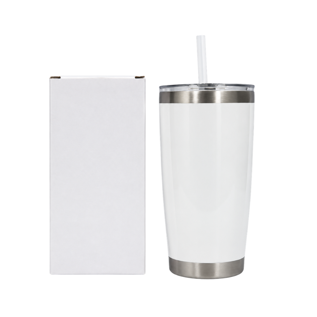 VASO, ACERO INOXIDABLE, BLANCO, 20 ONZAS, térmico doble pared con tapa plástica sello de silicón para sublimar