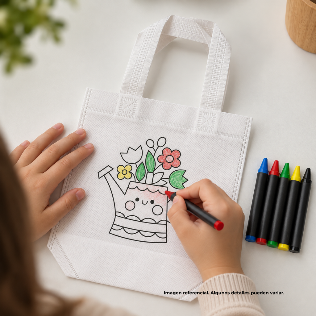 Bolsa, Tela ecólogica, Blanco, 28*23*10, de fuelle y 5 crayones de cera