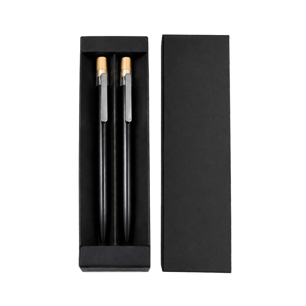Lapicero, aluminio, negro, Inked Set de 2 pcs botón de bambú en caja