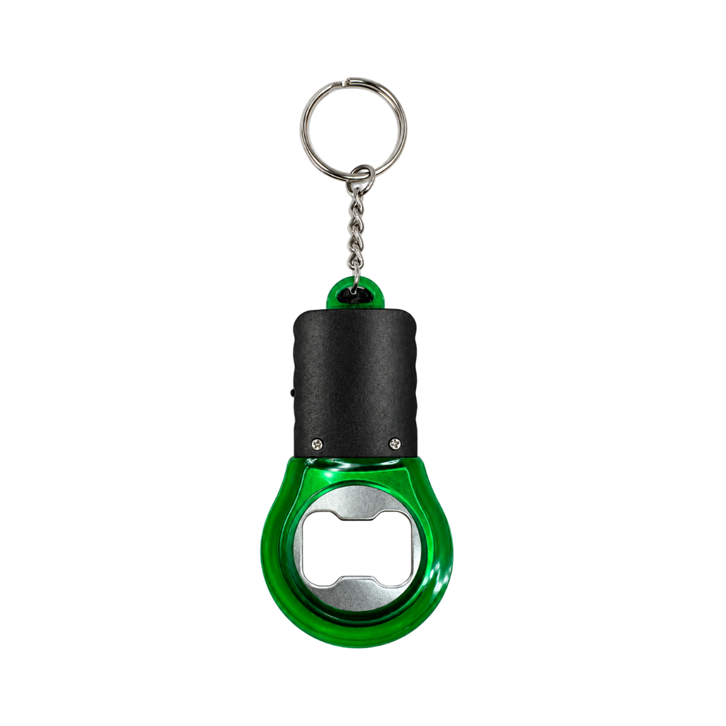 llaveros, plástico, verde, 8.4*4.5*1.2cm centimetros, con destapador y luz