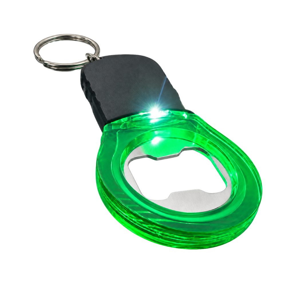 llaveros, plástico, verde, 8.4*4.5*1.2cm centimetros, con destapador y luz