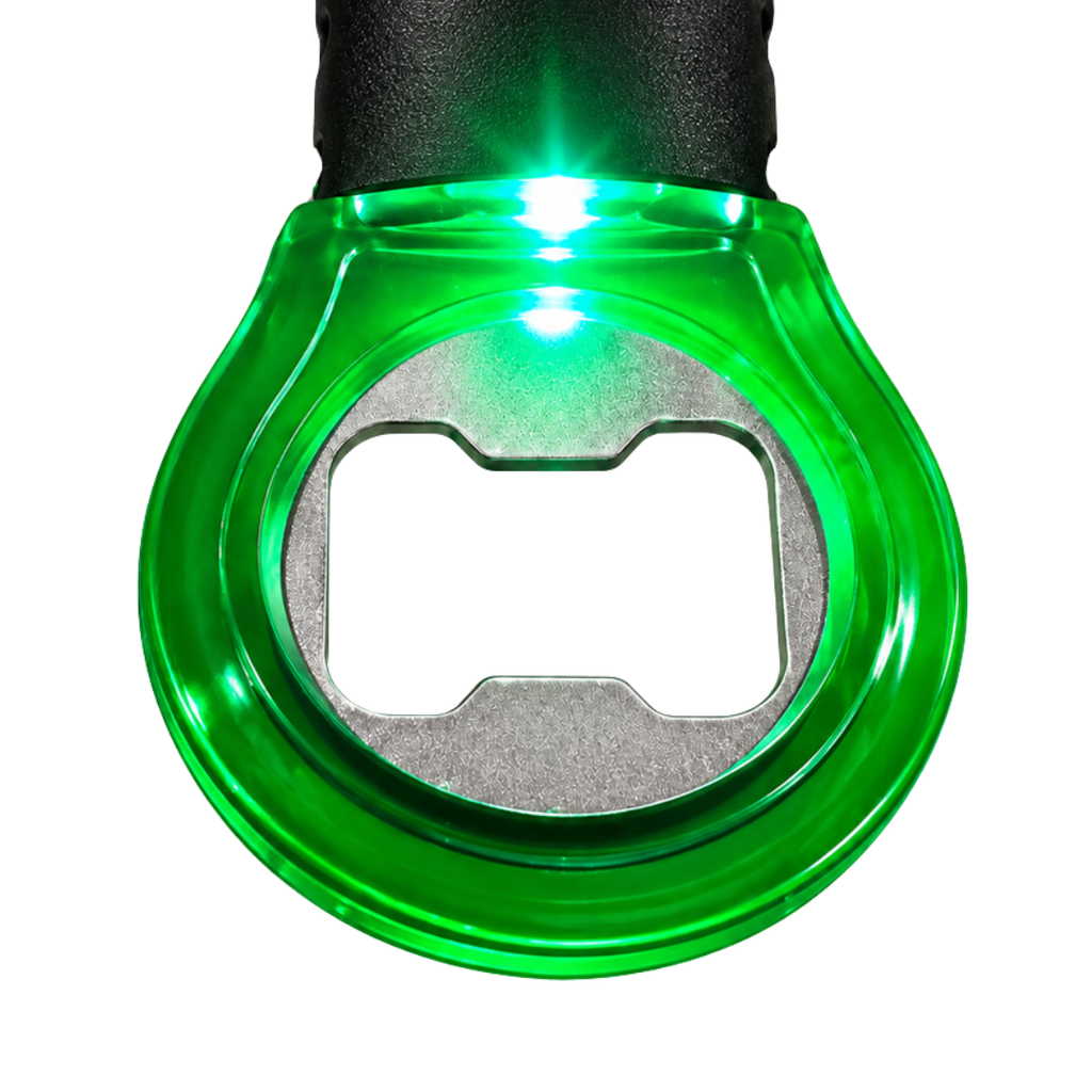 llaveros, plástico, verde, 8.4*4.5*1.2cm centimetros, con destapador y luz