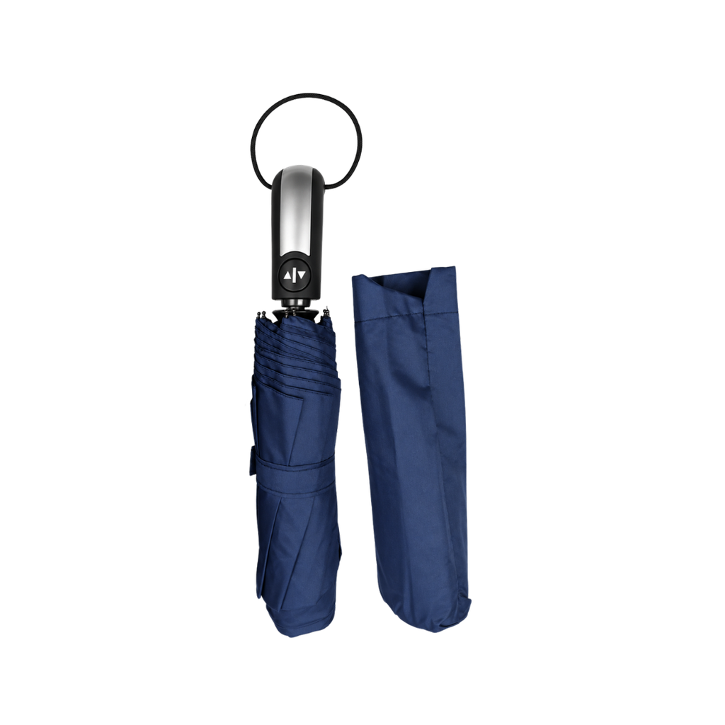 Sombrilla, poliester, azul, 21", de mano full automática 8 páneles mango placa metálica bolsa de tela