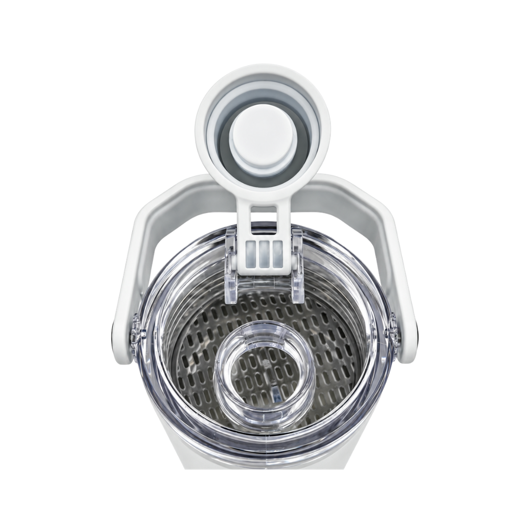 SHAKER, ACERO INOXIDABLE, BLANCO, 600 ml, doble pared 26.3*7.4*6.4cm con compartimiento inferior para proteina, leche en polvo u otros y tapón tipo rosca